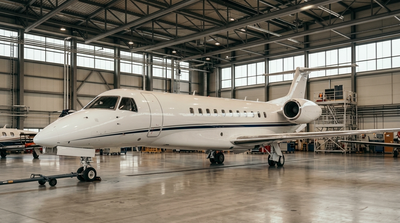Embraer Legacy 650 inside the Falcon Aerospace maintenance hangar