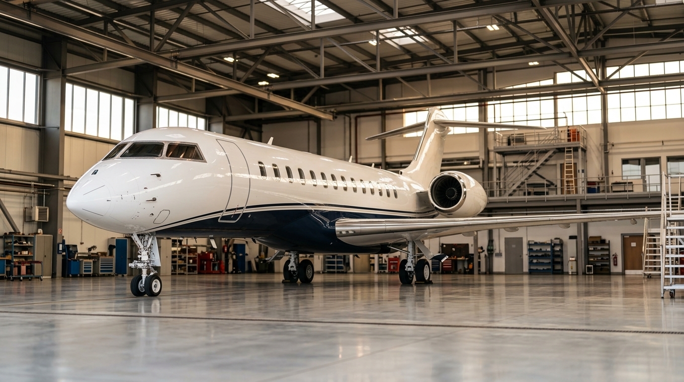Bombardier Global 7500 inside the Falcon Aerospace maintenance hangar