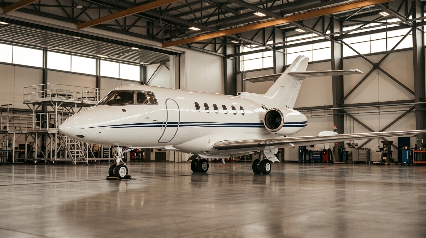 Hawker 800XP inside the Falcon Aerospace maintenance hangar